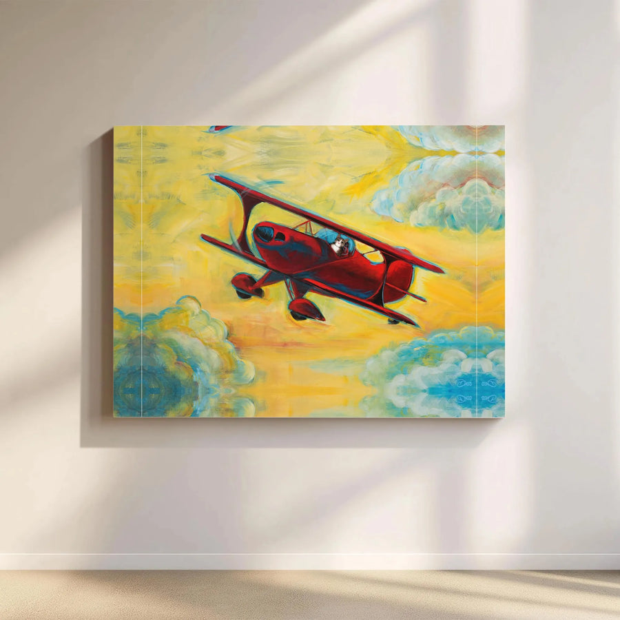 Cat Pilot Wall Art | Whimsical Biplane Painting | Premium Stretched Canvas Print | Aviation Lover Gift for Office Decor
