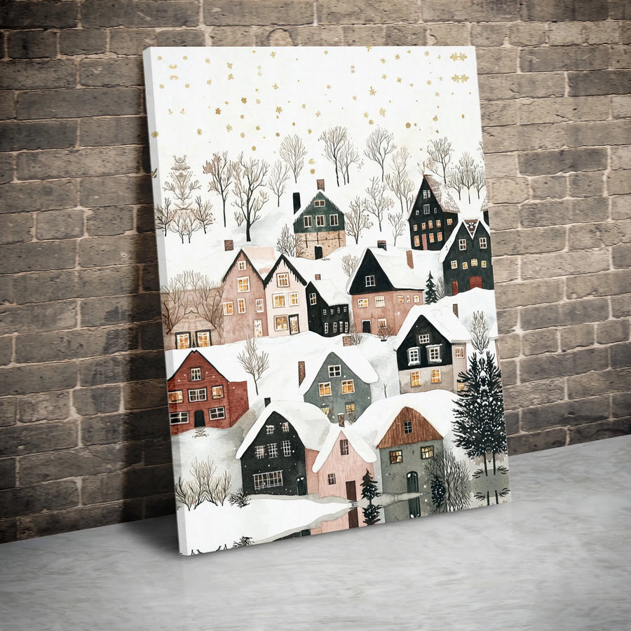 Winter Village Canvas Wall Art | Snowy Watercolor Christmas Town with Gold Snowfall | Premium Gallery-Wrapped Print | Holiday Home Decor Gift