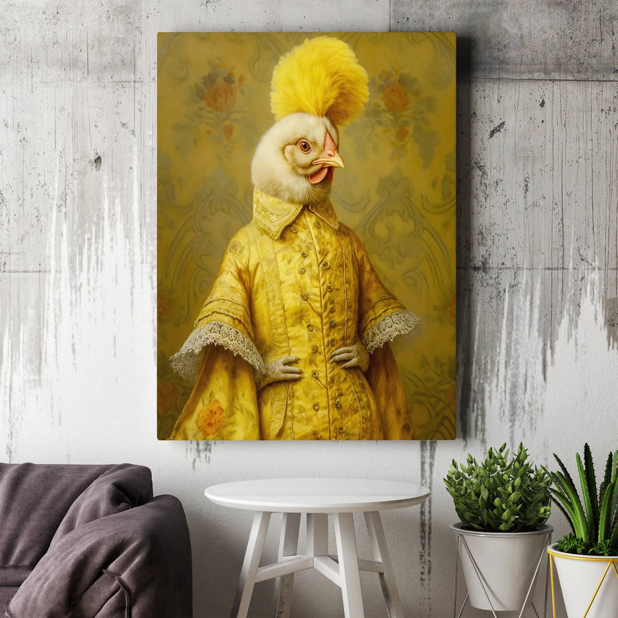 Anthropomorphic Chicken Canvas Art | Regal Polish Chicken in Yellow Coat | Premium Gallery-Wrap Wall Decor | Whimsical Animal Portrait Gift