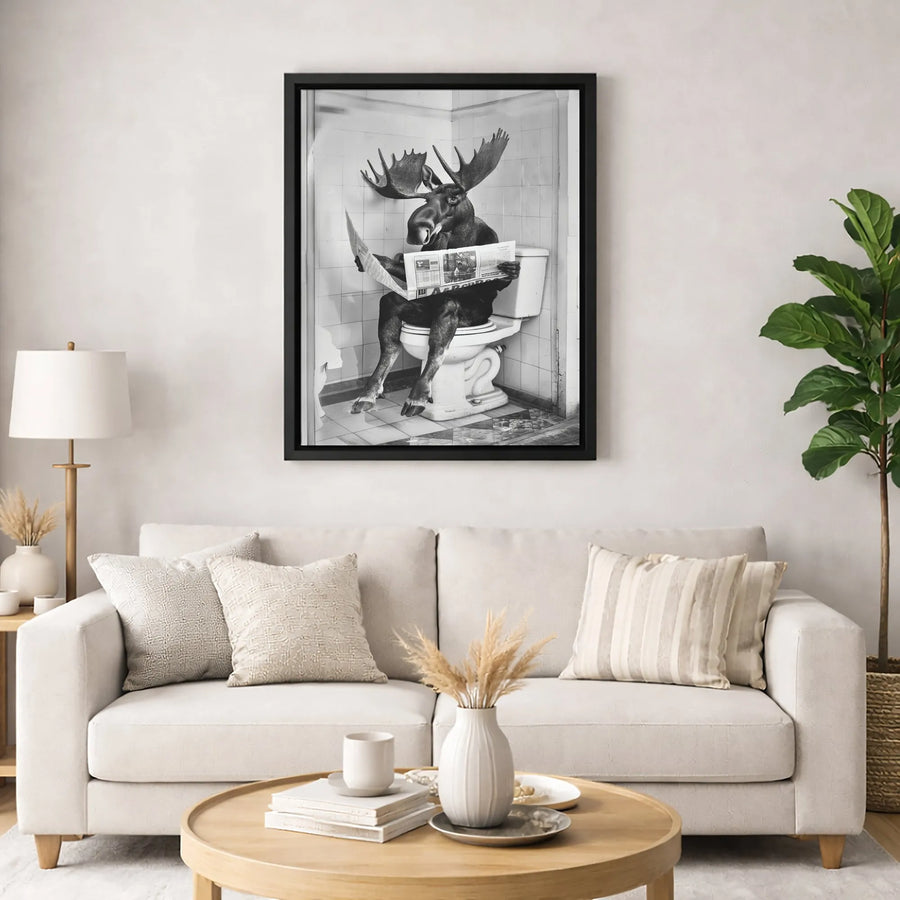 Moose on Toilet Reading Newspaper | Funny Bathroom Wall Art | Premium Gallery Canvas Print | Whimsical Farmhouse Restroom Decor Gift