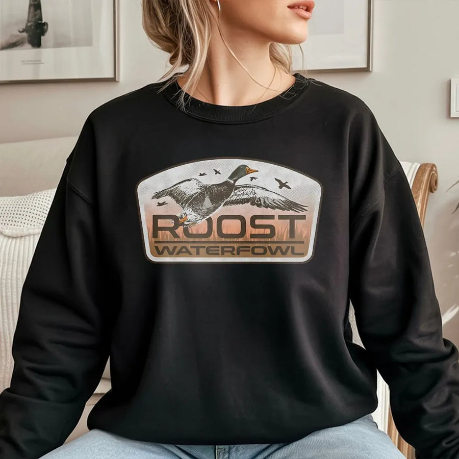 Roost Waterfowl Sweatshirt | Flying Duck Hunting Graphic | Cotton-Poly Blend | Premium Wildlife Gift for Outdoorsmen
