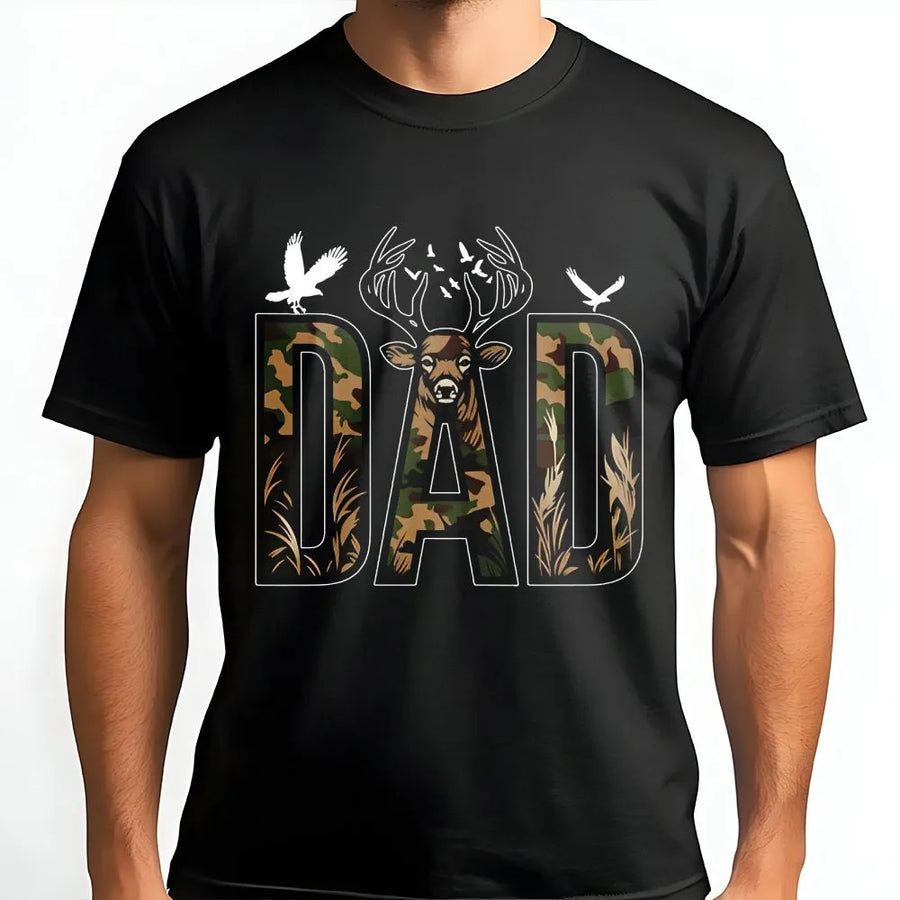 Hunting Dad T-Shirt | Camo Deer Graphic Tee for Outdoorsman | Premium Cotton Shirt | Unique Father's Day Gift for Hunter