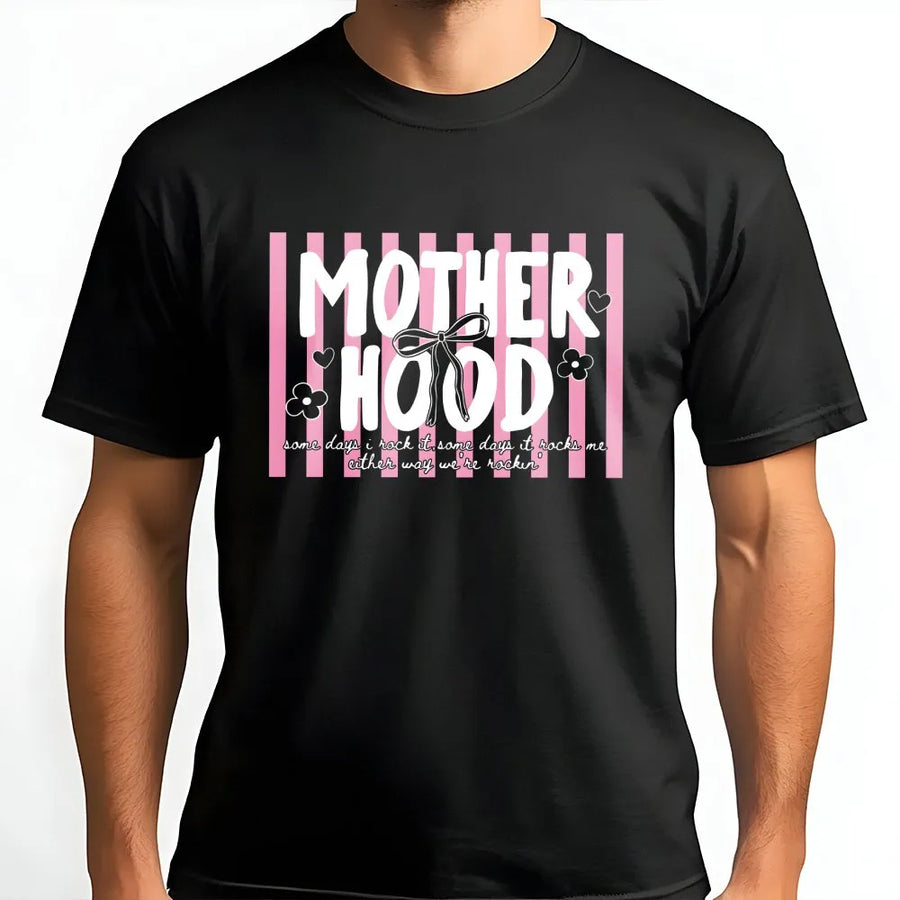 Motherhood Quote T-Shirt | Retro Pink Stripe Design | Premium Soft Cotton | Stylish Gift for Mom and Mama Appreciation