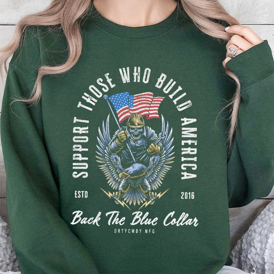 Blue Collar Worker Sweatshirt | American Flag Eagle Graphic | Premium Cotton Blend | Patriotic Gift for Construction Workers and Tradesmen