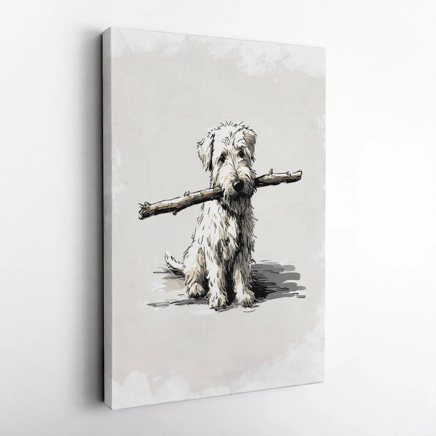 Scruffy Terrier Dog Canvas Wall Art | Sketch Style Puppy Holding Stick | Premium Gallery Wrapped | Whimsical Pet Lover Gift