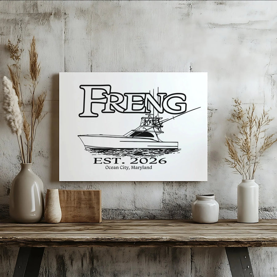 Ocean City Maryland Fishing Yacht Horizontal Canvas | Retro Line Art Sportfisher Design | Premium 1.25" Gallery Wrap | Coastal Decor Gift for Fisherman