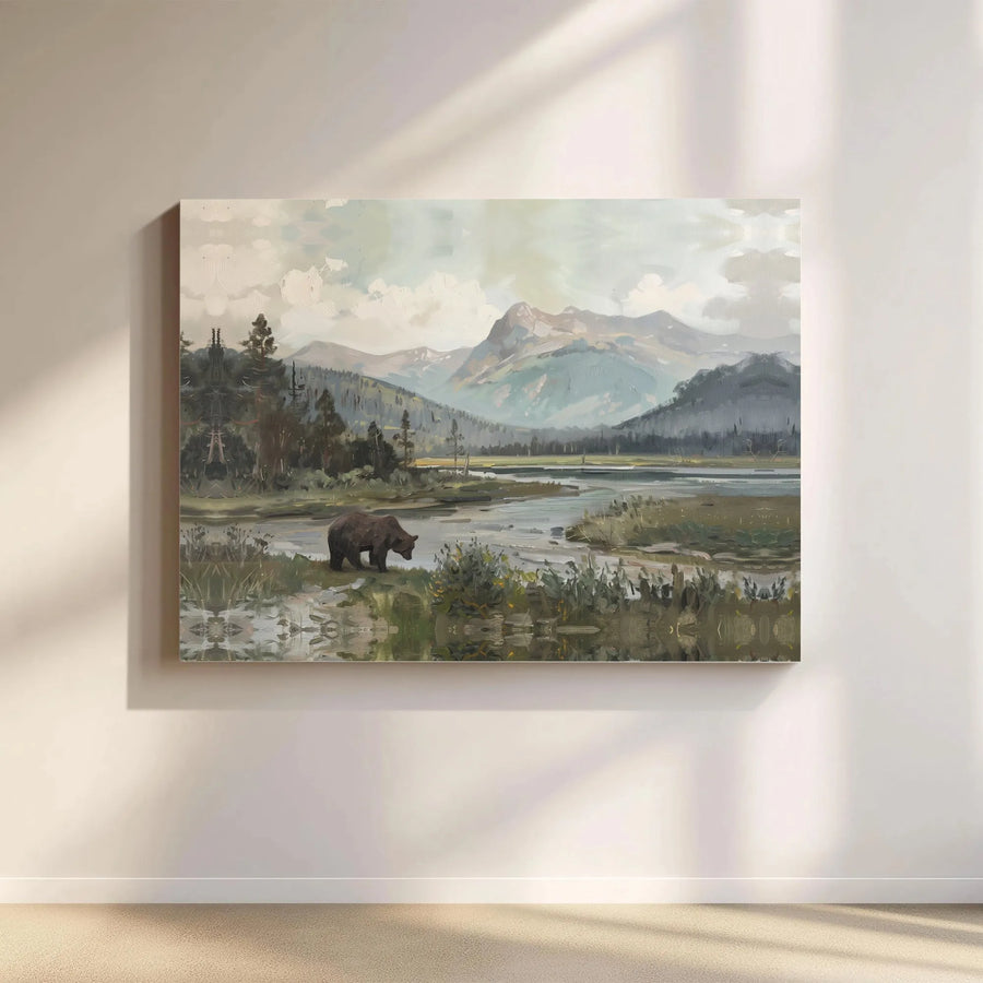 Brown Bear Mountain Landscape Canvas Wall Art | Rustic Nature Painting Print | Premium Gallery Wrap 1.25" Frame | Wildlife Decor for Home or Office Gift
