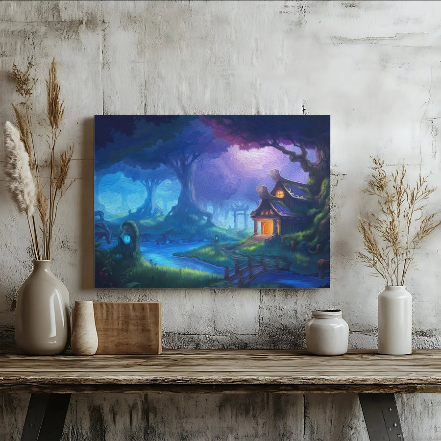 Enchanted Forest Canvas Print | Glowing Cottage Fantasy Landscape | Gallery Wrap Wall Art | Magical Bedroom Home Decor Gift