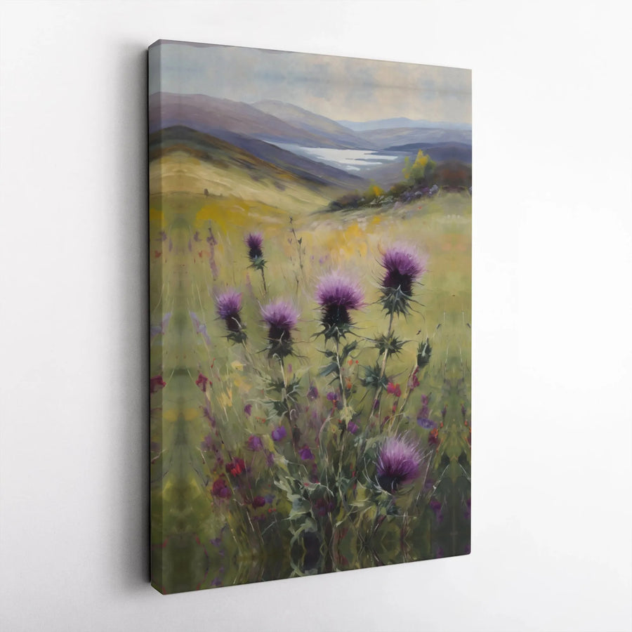 Scottish Thistle Wall Art | Highland Landscape Oil Painting Style | Premium Gallery Wrapped Canvas | Nature Inspired Living Room Home Decor