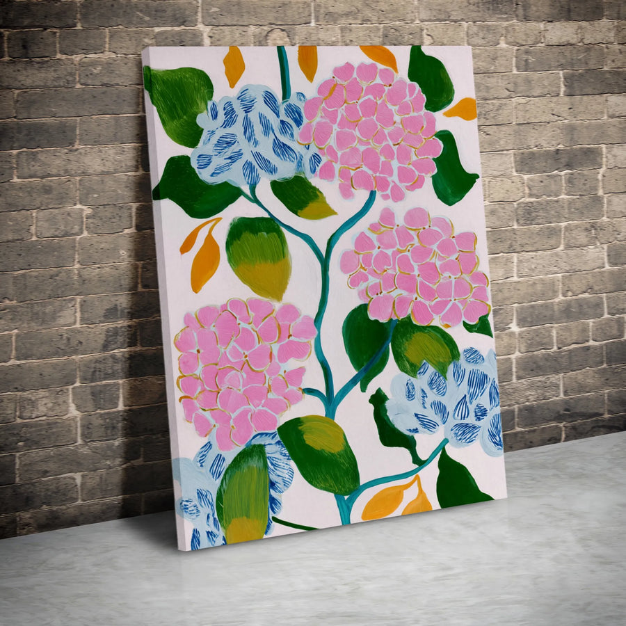 Hydrangea Floral Canvas Wall Art | Pink and Blue Botanical Painting | 1.25-Inch Premium Gallery Wrap | Modern Home Office Decor Gift