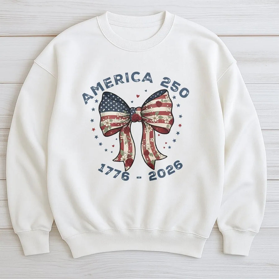 America 250 Sweatshirt | Patriotic Flag Bow with Florals | Soft Cotton Blend | 2026 Semiquincentennial Commemorative Gift for Men and Women