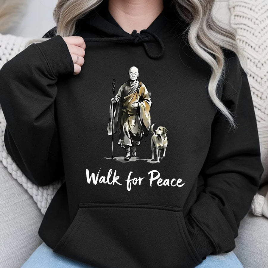 Walk For Peace Hoodie | Zen Monk With Dog Graphic Art | Premium Cotton Blend Sweatshirt | Mindfulness Spiritual Gift For Yoga Meditation Lovers