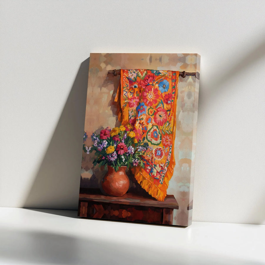 Boho Floral Still Life Canvas Print | Wildflower Vase & Tapestry Art | Premium Fade-Resistant Ink | Eclectic Home Decor Gift