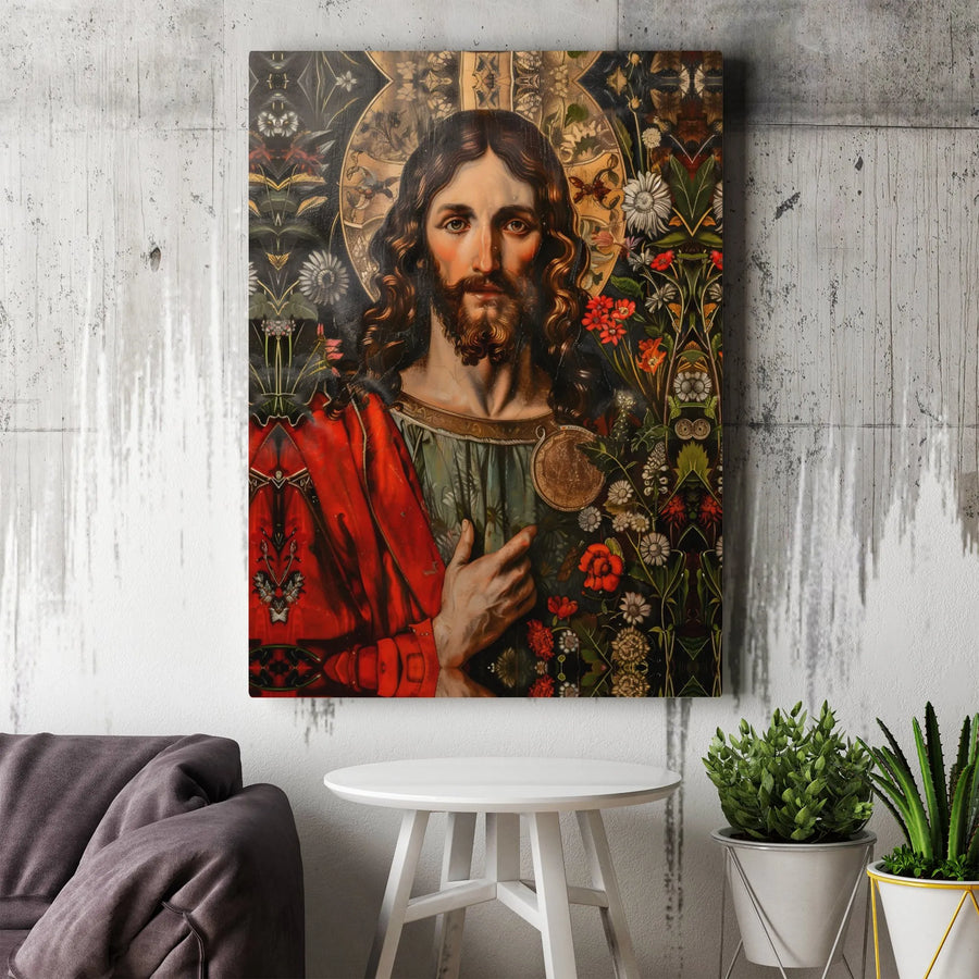 Jesus Christ Canvas Print | Ornate Floral Botanical Art | Premium Gallery Wrapped Wall Decor | Religious Home Gift
