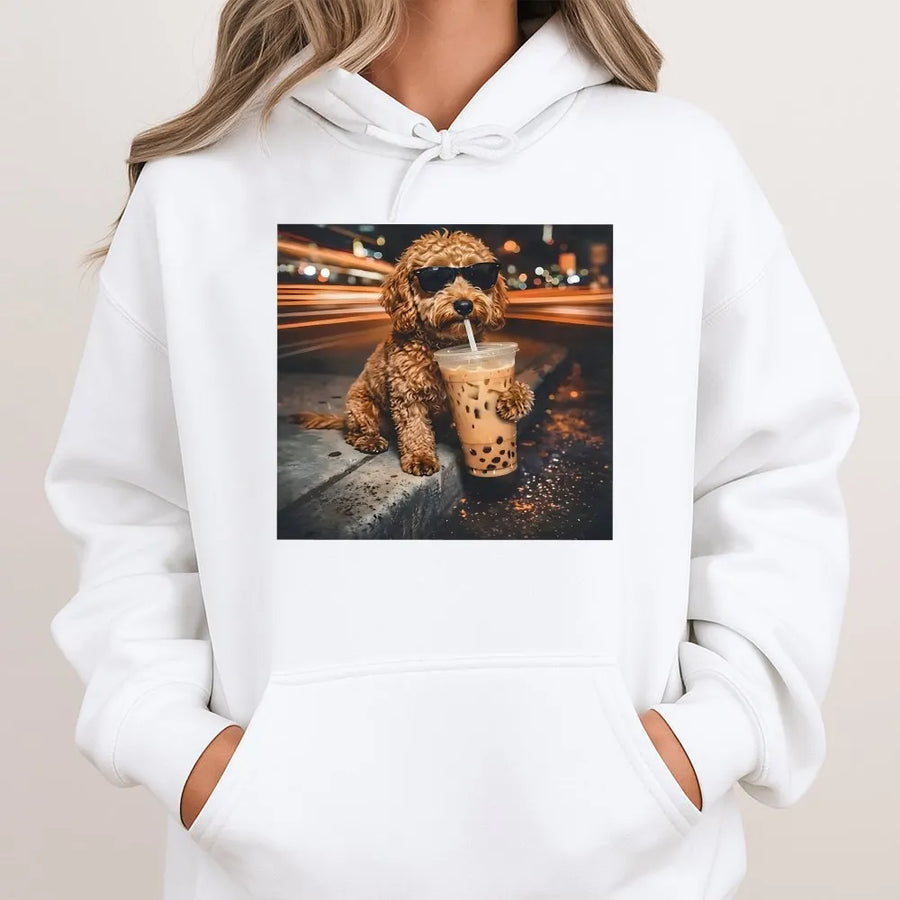 Funny Dog Hoodie | Poodle with Sunglasses Drinking Boba Tea | Premium Cotton Tee | Unique Gift for Dog Lover