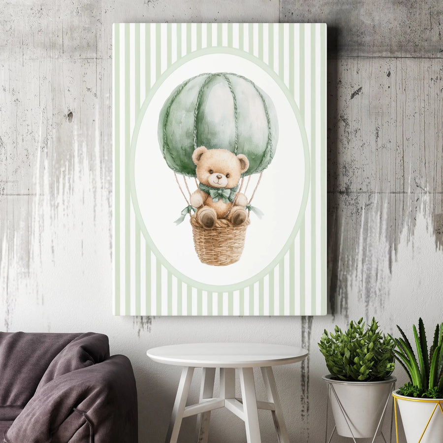 Teddy Bear Hot Air Balloon Canvas Art | Watercolor Nursery Wall Decor | Premium Fade-Resistant Print | Cute Baby Room Gift