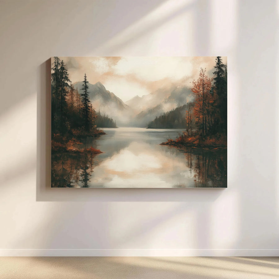 Misty Mountain Lake Canvas Wall Art | Vintage Landscape Oil Painting Print | Thick Gallery Wrapped Canvas | Premium Gift for Nature Lover