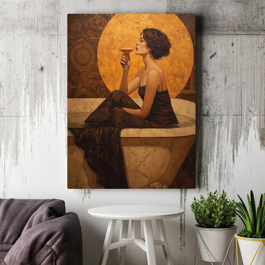 Art Deco Woman Portrait Canvas | Golden Sun Cocktail Gown Print | Premium Gallery Wrapped Wall Art | Elegant Home Decor Gift for Her