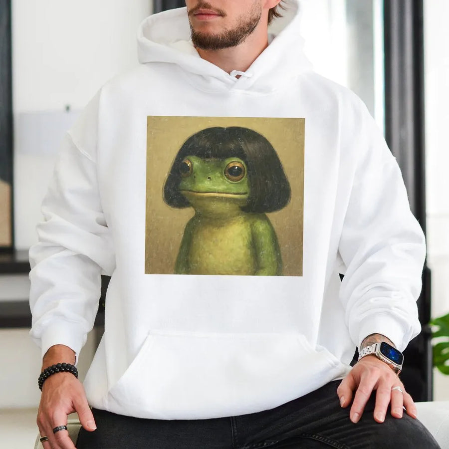 Frog With A Wig Hoodie | Funny Meme Aesthetic Pullover | Soft Cotton Blend Premium Sweatshirt | Unique Gift For Frog Lovers And Internet Humor Fans