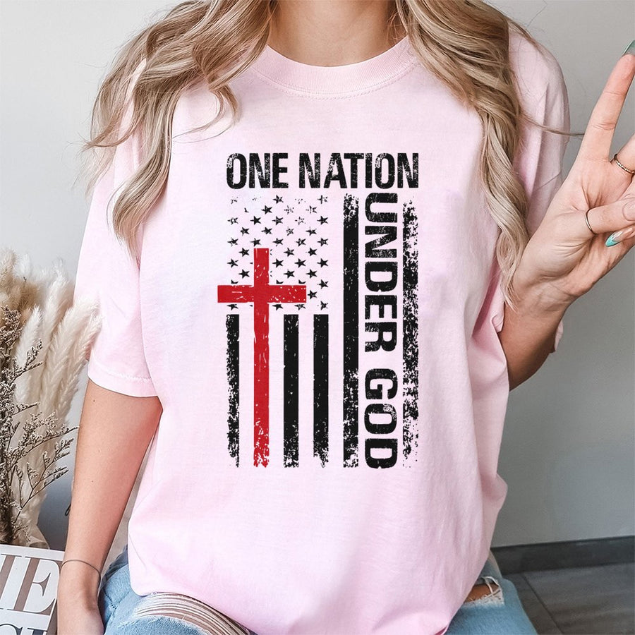 One Nation Under God T-Shirt | Distressed USA Flag With Christian Cross | 100% Cotton Premium Tee | Patriotic Religious Gift For Men And Women