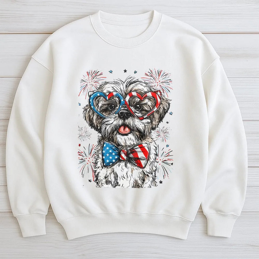 Patriotic Shih Tzu Sweatshirt | USA Flag Glasses & Fireworks Graphic | Cozy Cotton Blend | 4th of July Gift for Dog Lover