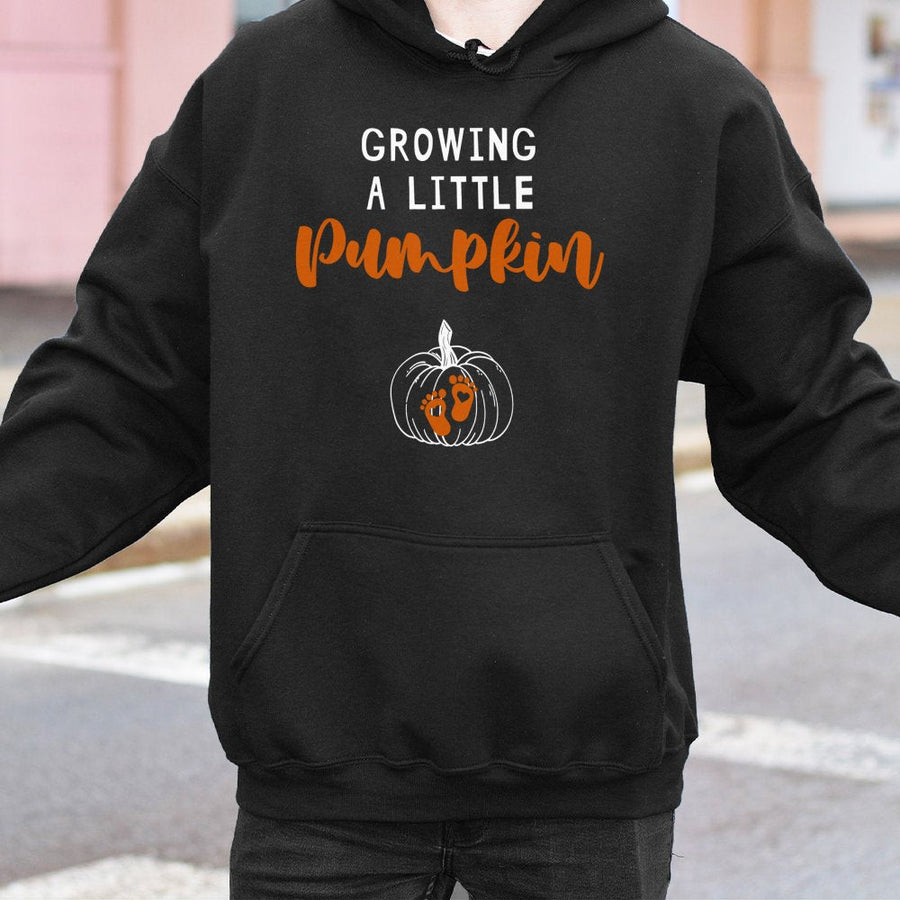 Growing A Little Pumpkin Hoodie | Cute Baby Feet Pregnancy Announcement Graphic | Premium Cotton Blend | Fall Maternity Thanksgiving Gift