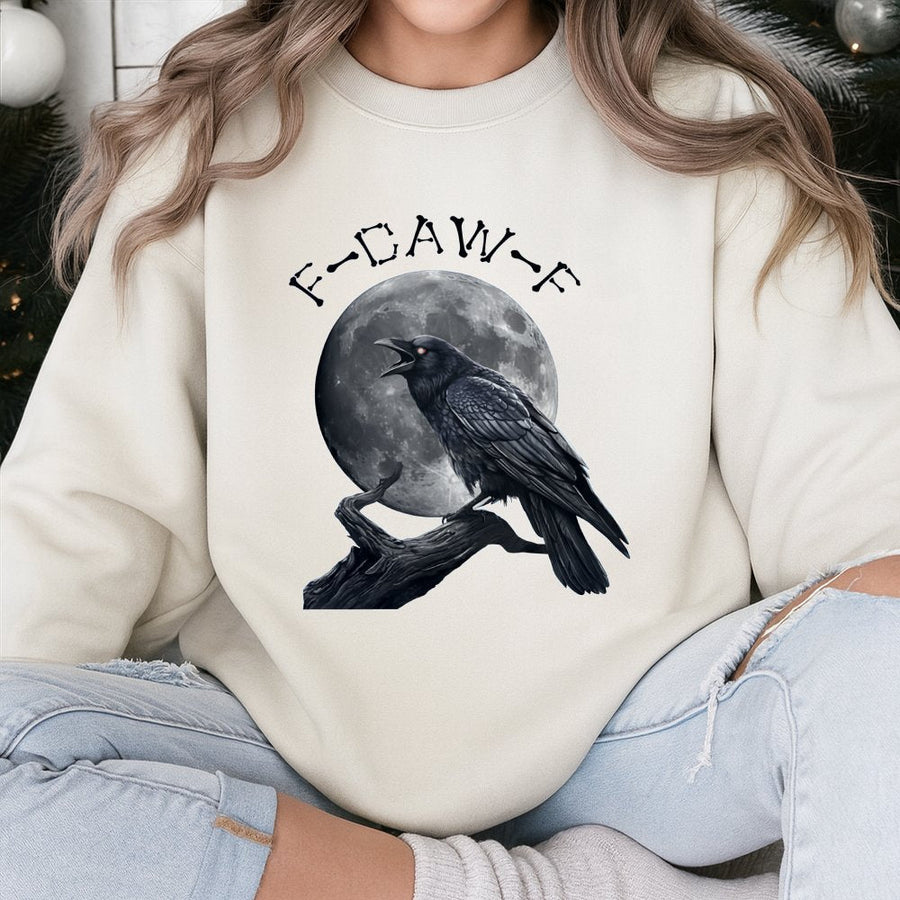 Crow Graphic Sweatshirt | F-Caw-F Gothic Moon Bird Design | Cotton-Blend Premium Apparel | Funny Nature Lover Gift Idea