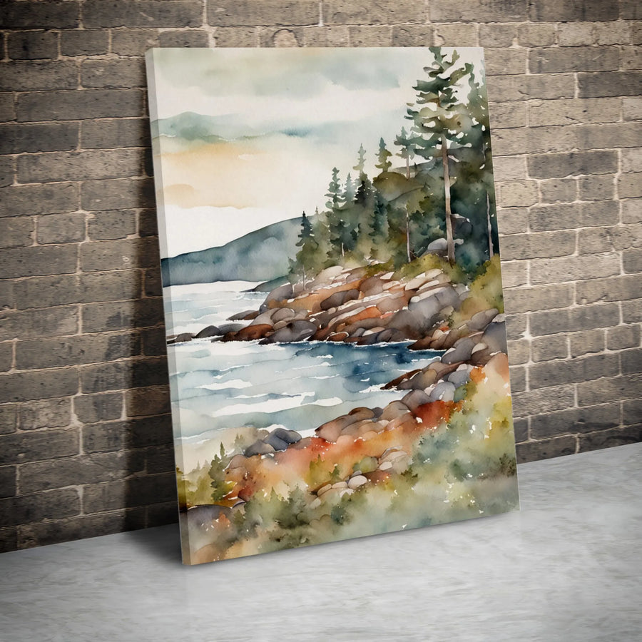 Coastal Pine Forest Canvas Print | Watercolor Rocky Shore Landscape | Gallery Wrapped Premium Wall Art | Serene Nature Decor for Home Office