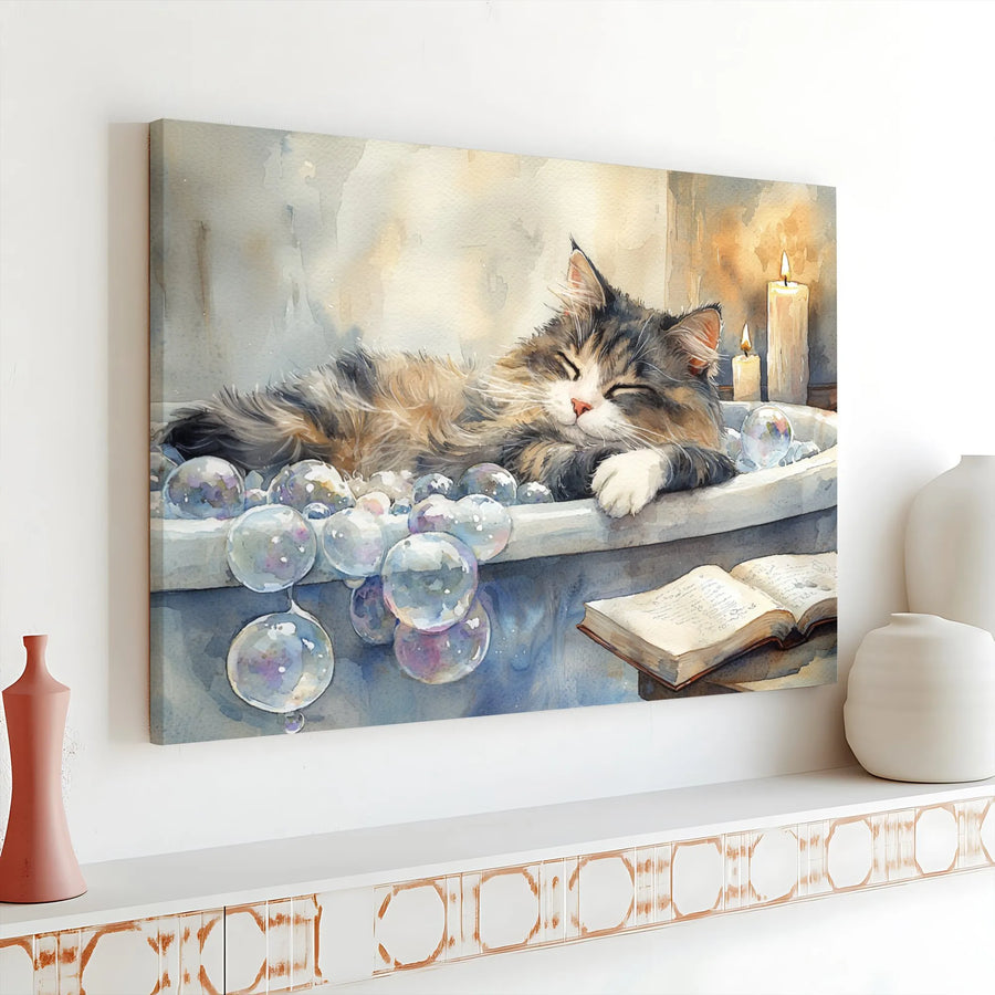 Cozy Cat Canvas Wall Art | Whimsical Watercolor Print of Cat Napping in Bubble Bath | Premium Gallery Wrapped Canvas | Bathroom Decor Gift for Cat Lover
