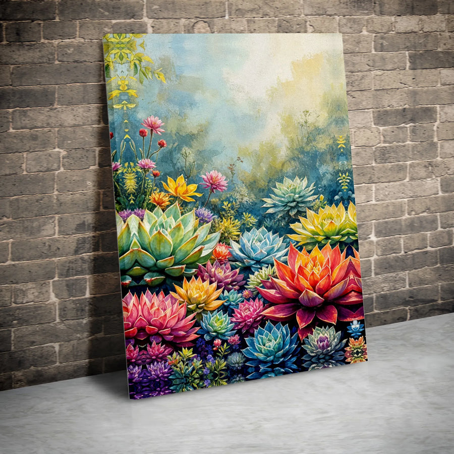 Vibrant Succulent Garden Canvas Print | Watercolor Botanical Art | Premium Gallery Wrapped Canvas | Modern Botanical Home Decor Gift