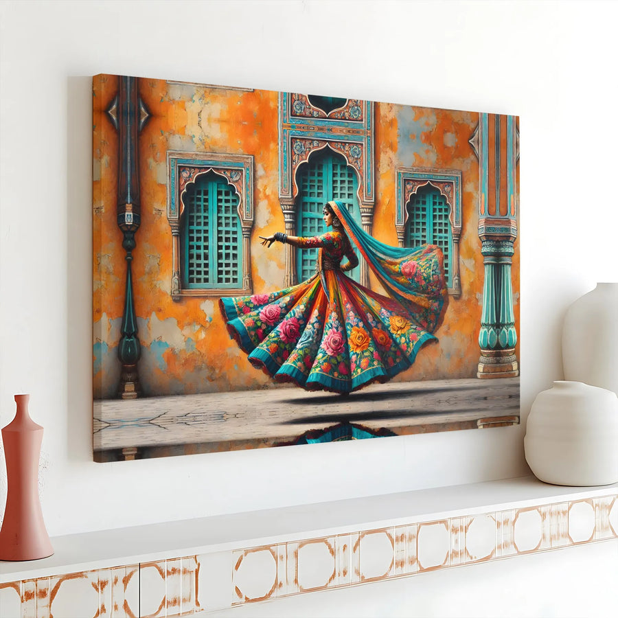 Indian Classical Dancer Canvas Wall Art | Vibrant Traditional Floral Lehengas | Premium 1.25 Inch Gallery Wrap | Cultural Home Decor Gift