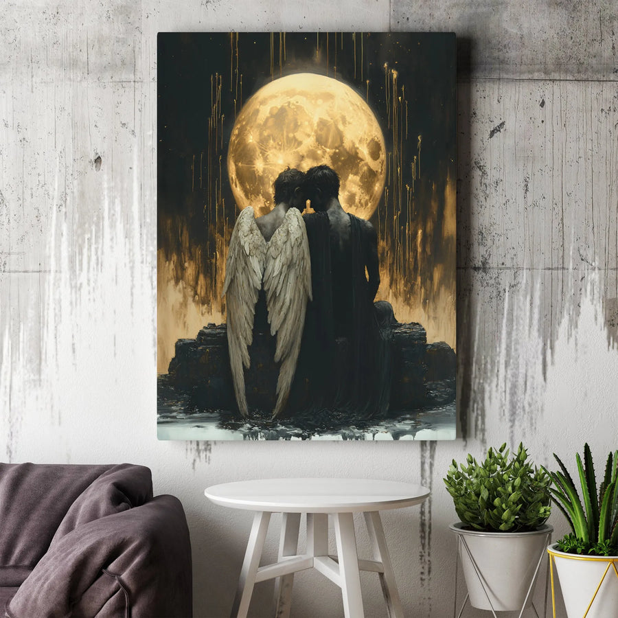 Angel and Demon Couple Canvas Art | Gothic Fantasy Moon Wall Decor | Premium 1.25 Inch Gallery Wrap | Romantic Dark Aesthetic Gift for Lovers