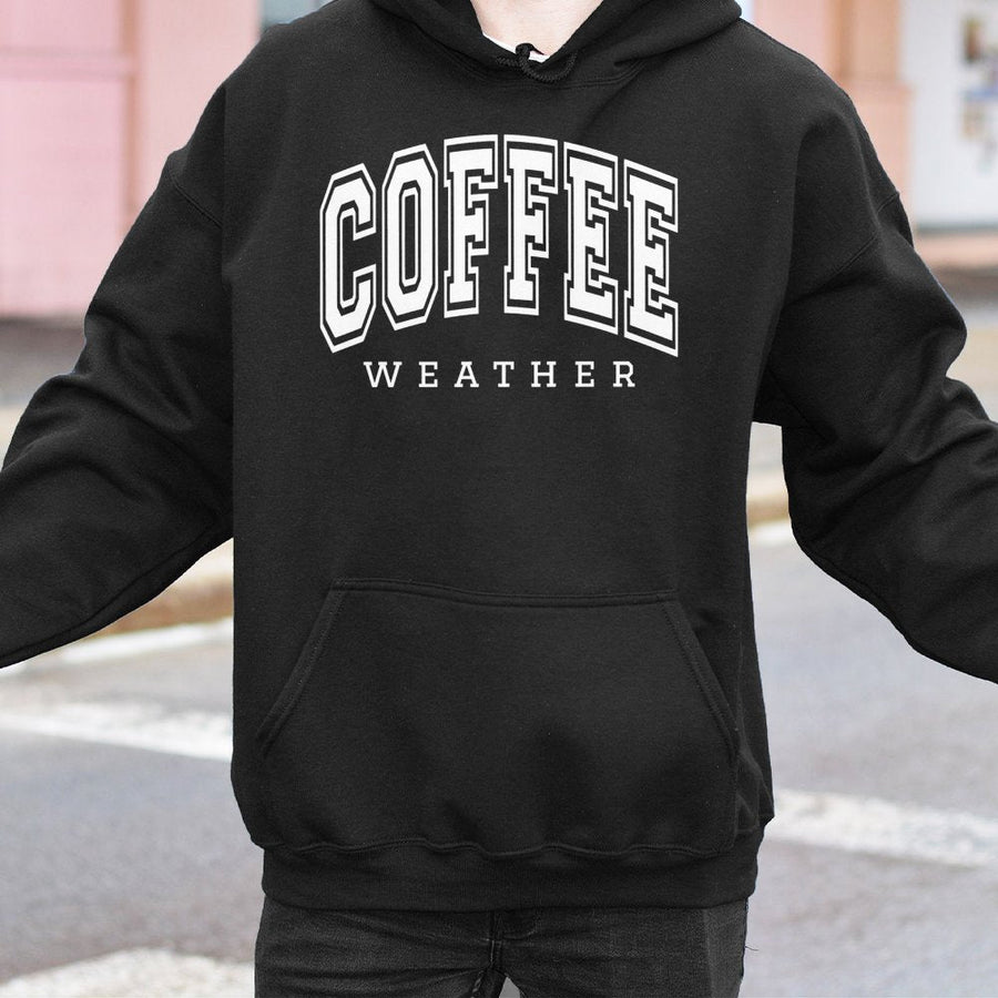 Coffee Weather Hoodie | Collegiate Varsity Graphic Pullover | Soft Cotton Blend | Fall Aesthetic Gift for Coffee Lovers