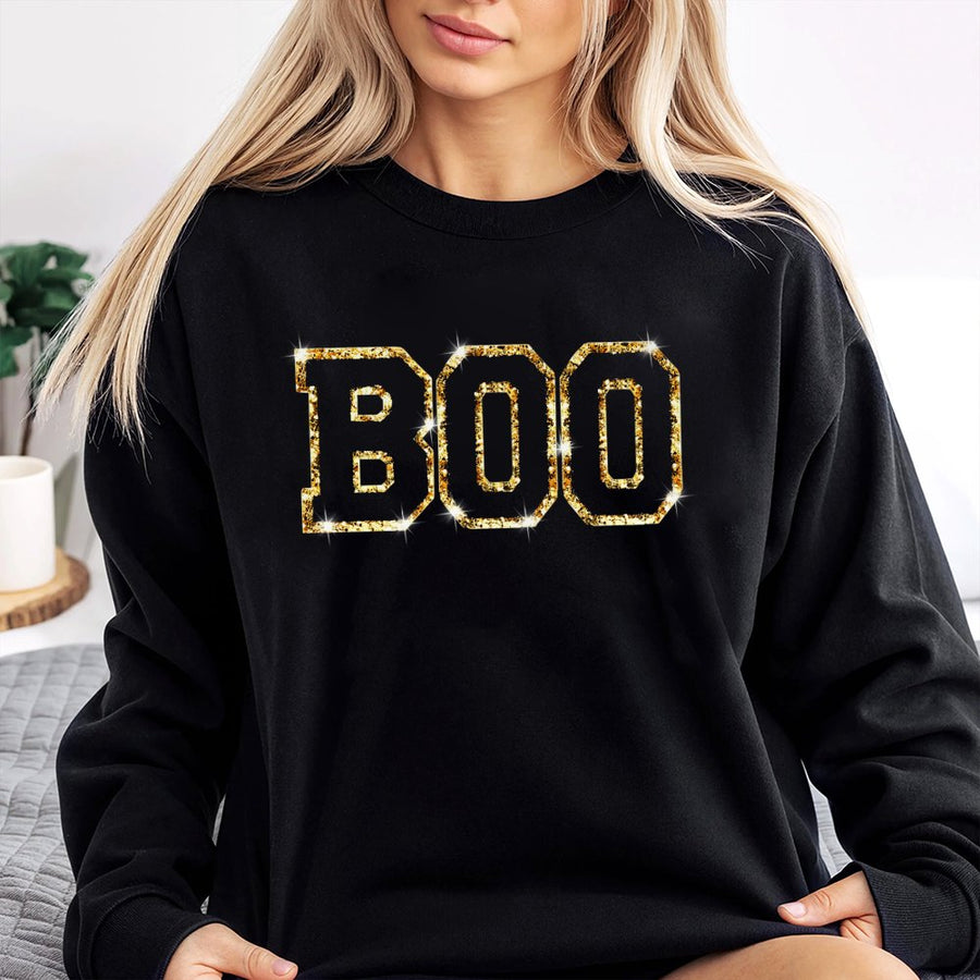 BOO Sweatshirt | Gold Glitter Chenille Letter Patch | Soft Cotton Blend Crewneck | Cute Spooky Halloween Gift for Women