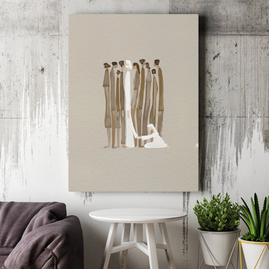 Woman Touching Hem Of Jesus Garment Wall Art | Minimalist Religious Bible Scene | Premium Gallery Wrap Canvas | Christian Home Decor Gift