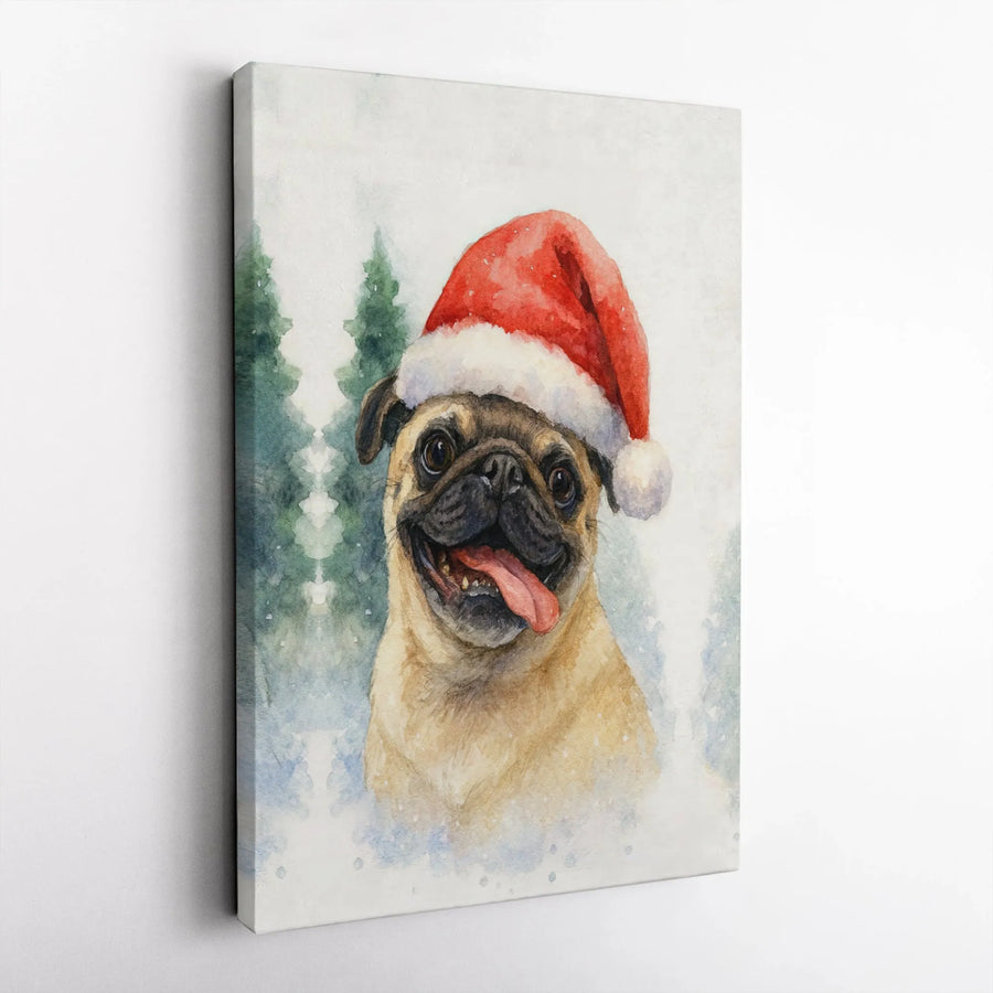 Watercolor Christmas Pug Canvas Art | Festive Puppy in Santa Hat Wall Decor | Gallery Wrapped Premium Print | Holiday Gift for Dog Lovers