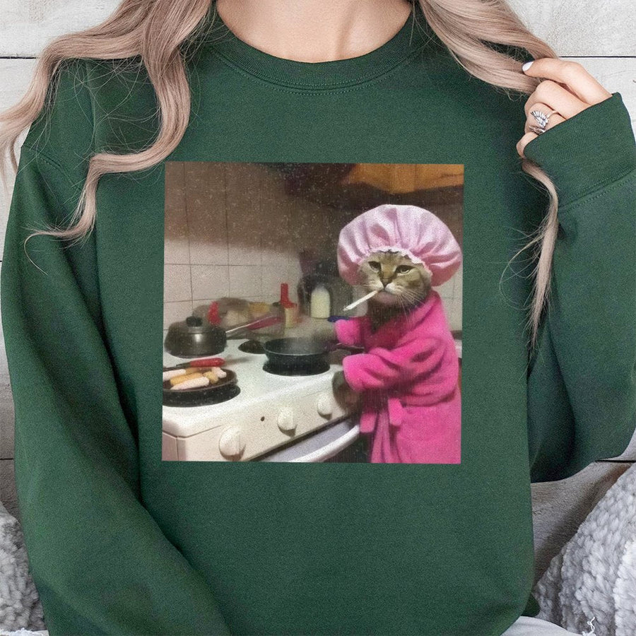 Housewife Cat Meme Sweatshirt | Funny Cooking Cat Graphic | Premium Cotton Blend Crewneck | Retro Humor Gift for Cat Lovers