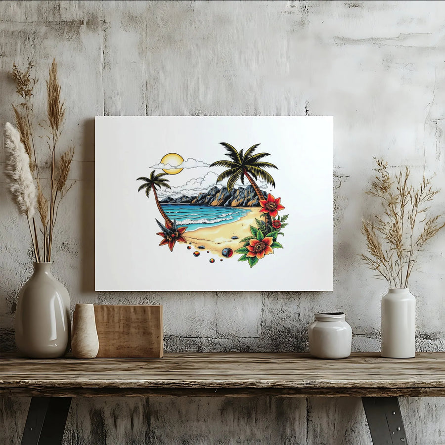 Tropical Beach Canvas Wall Art | Traditional Tattoo Style Palm Tree Scene | Premium Fade-Resistant Print | Coastal Home Decor Gift