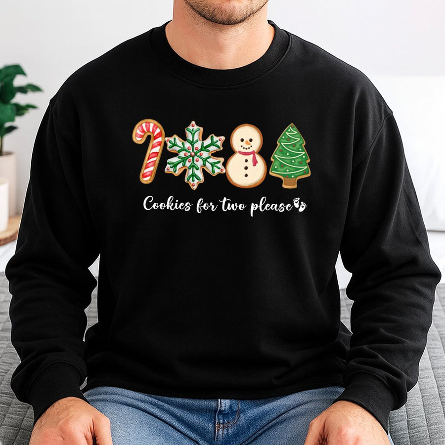 Cookies For Two Please Christmas Sweatshirt | Cute Gingerbread Pregnancy Reveal Design | Premium Cotton-Poly Blend | Festive Maternity Holiday Gift