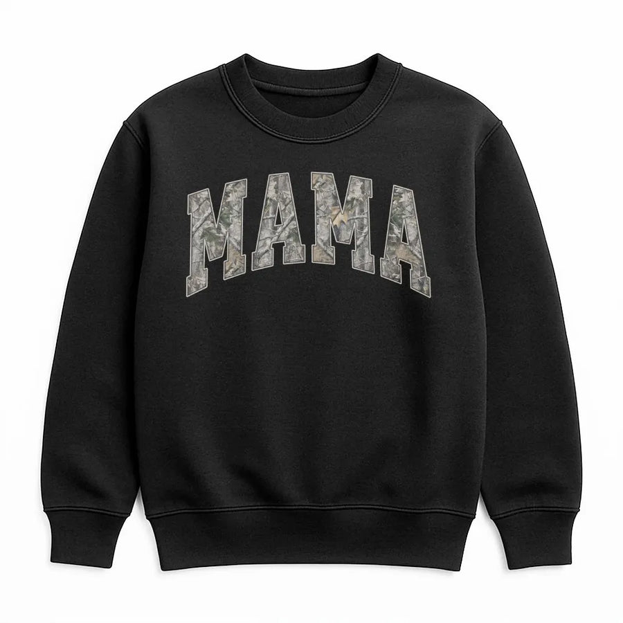 Camo Mama Sweatshirt | Hunting Camouflage Varsity Lettering | Premium Soft Cotton Tee | Gift for Outdoorsy Mom, Mother's Day Present