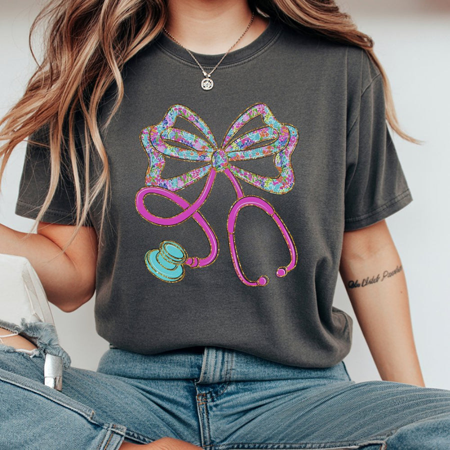 Floral Stethoscope Bow T-Shirt | Preppy Medical Aesthetic Design | 100% Cotton Premium Tee | Cute Nurse Graduation Gift for Her