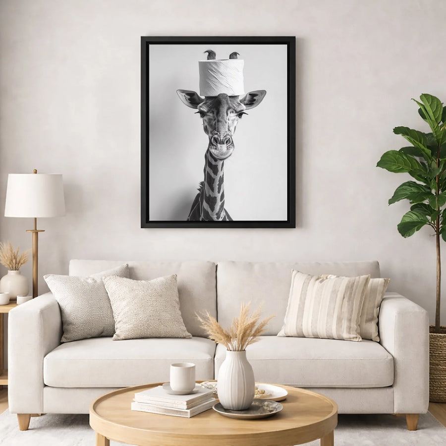 Funny Giraffe Toilet Paper Wall Art | Black and White Bathroom Decor | Premium Gallery Wrap Canvas | Quirky Animal Home Gift