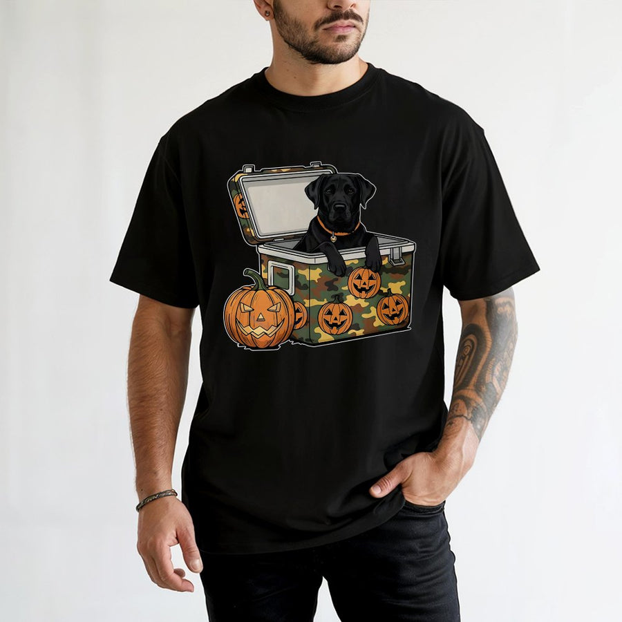 Black Lab Halloween T-Shirt | Camo Cooler Hunting Dog Graphic | Premium 100% Cotton | Spooky Fall Gift for Dog Moms and Hunters