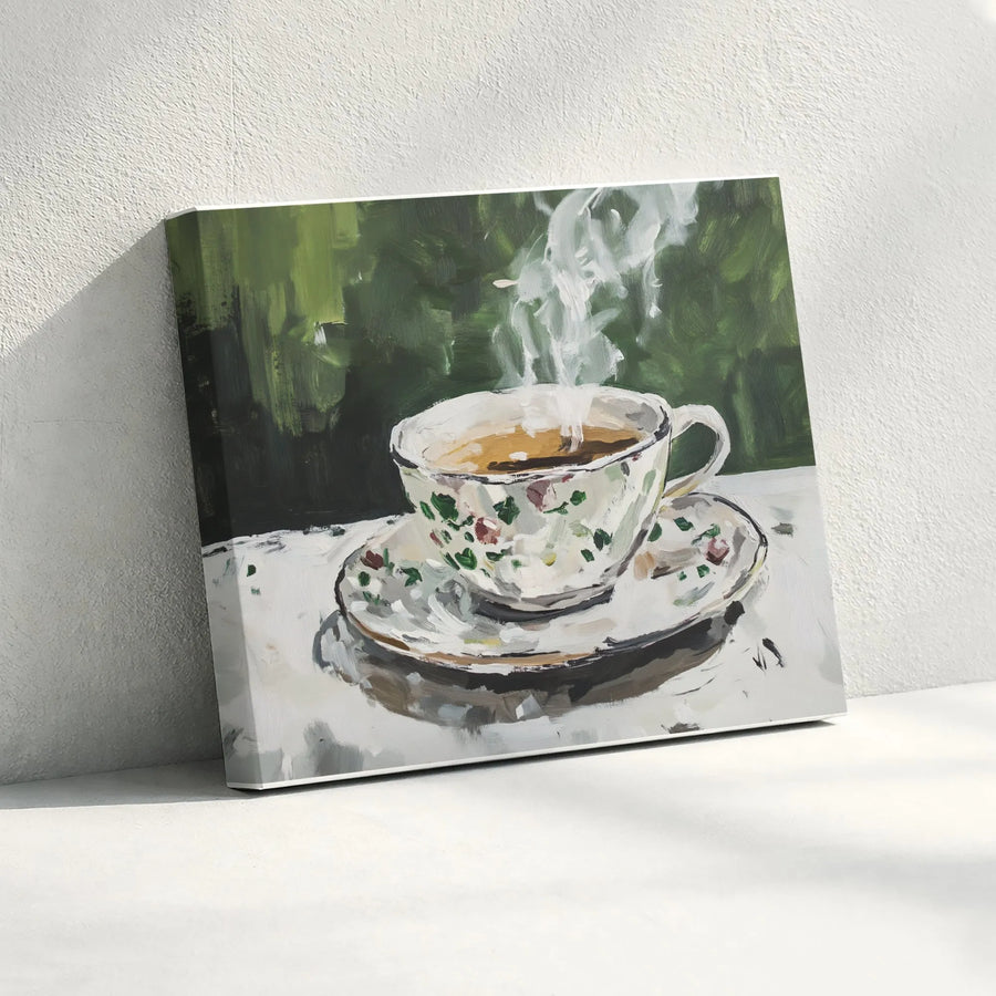 Steaming Floral Teacup Wall Art | Impressionist Oil Style Print | Gallery-Quality 1.25" Canvas | Cozy Kitchen & Coffee Bar Decor Gift