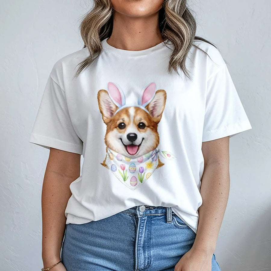 Corgi Easter Bunny T-Shirt | Watercolor Puppy With Floral Bandana Design | 100% Premium Cotton | Cute Spring Gift For Dog Lovers