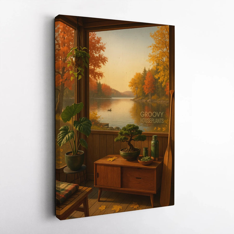 Autumn Lake House Canvas Art | Cozy Bonsai Tree & Houseplant Decor | Premium Gallery Wrap Wall Print | Fall Landscape Gift for Nature Lovers