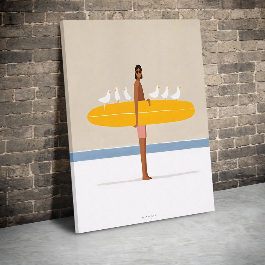 Surfer Art Print | Minimalist Beach Wall Decor with Yellow Surfboard and Seagulls | Premium Gallery Canvas | Coastal Home Decor Gift for Surfers