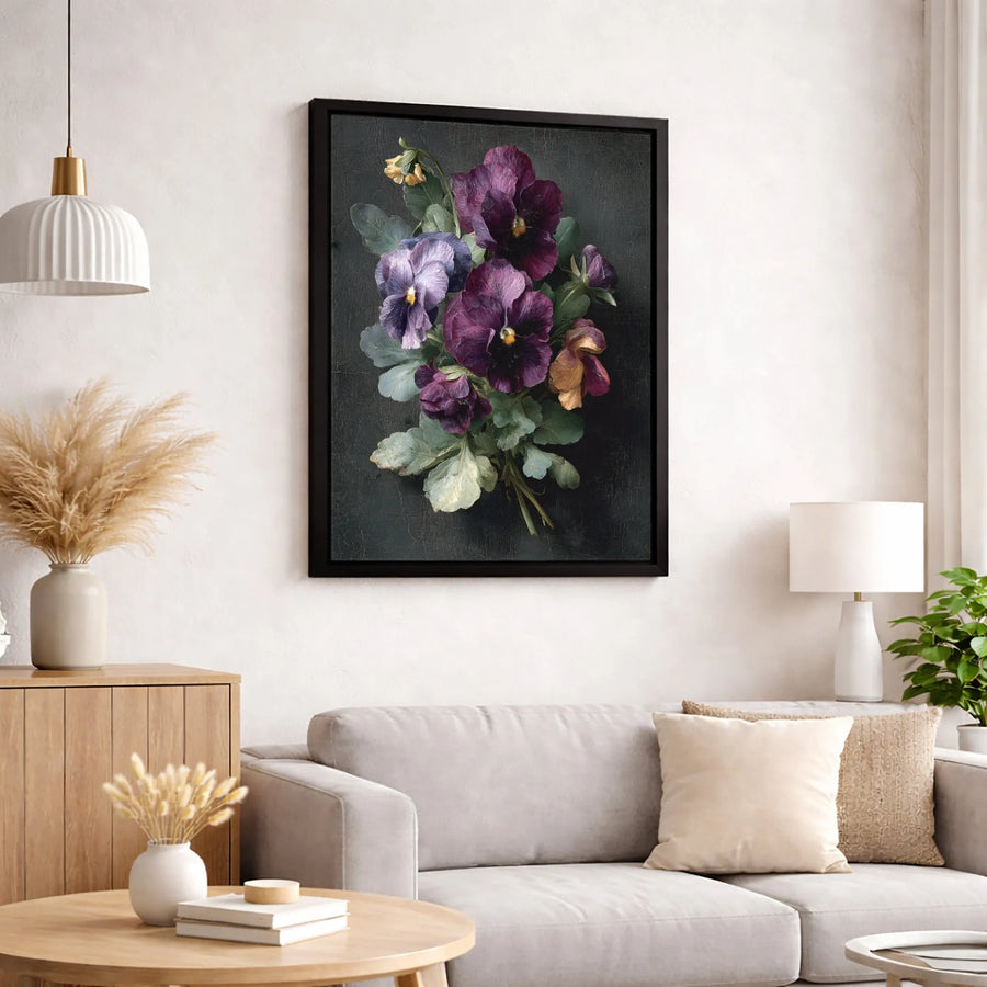 Vintage Purple Pansies Canvas Wall Art | Moody Floral Still Life Painting | Premium Gallery-Wrapped Decor | Botanical Home Gift for Flower Lovers