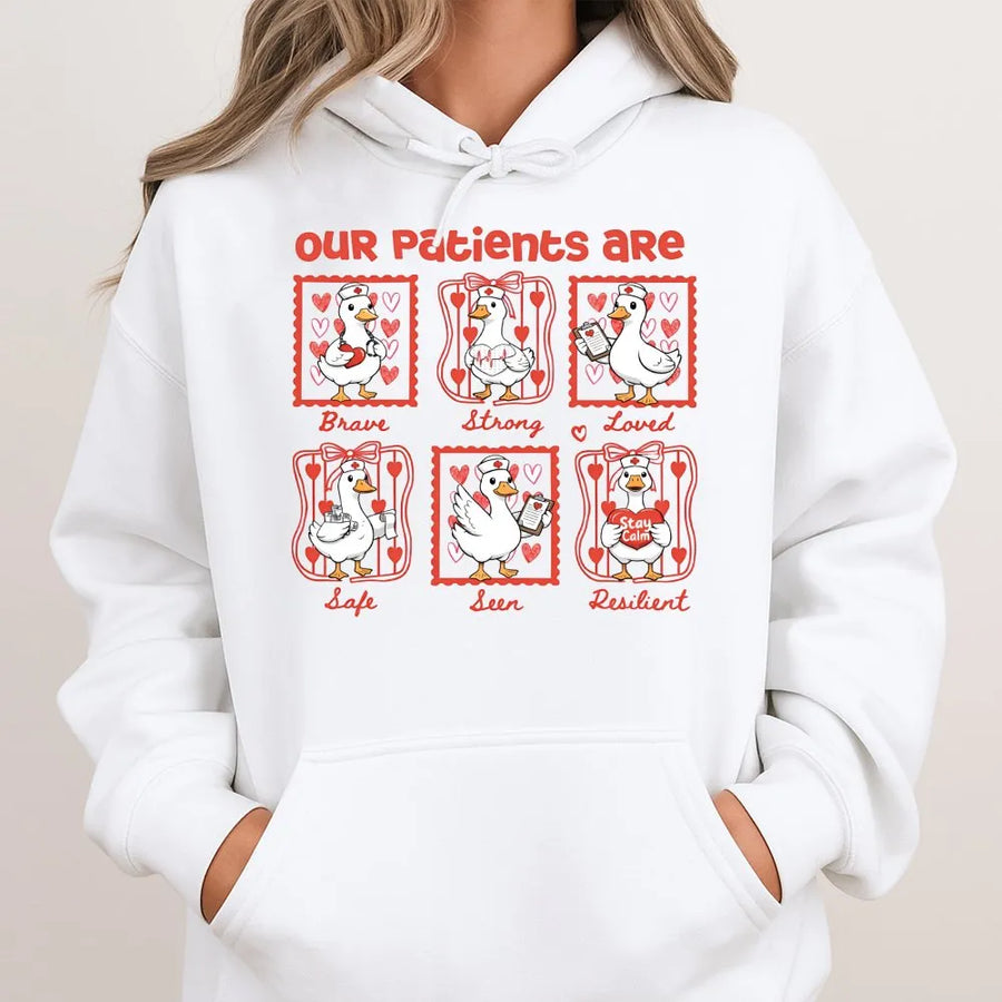 Nurse Duck Hoodie | Our Patients Are Brave Strong Loved Pullover | Premium Cotton Blend Jumper | Healthcare Appreciation Gift for Nurse or Doctor