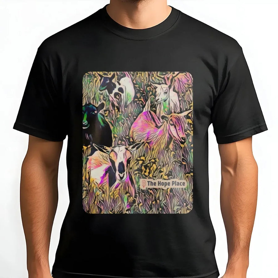 Artistic Goat T-Shirt | Colorful Psychedelic Farm Animal Graphic | Premium Cotton-Poly Blend | Unique Gift for Animal Lovers